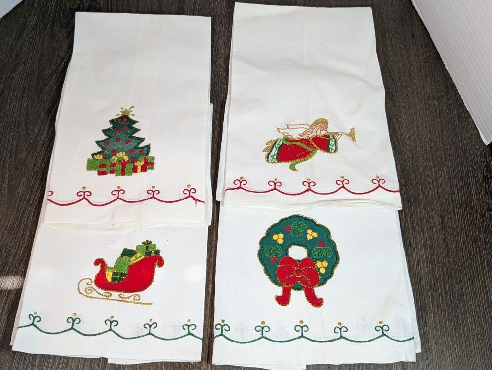 VTG LILLIAN VERNON Appliqued Christmas Guest Tea Towels Napkins SET OF 4 Cotton